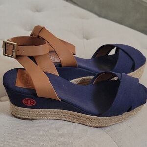 Tory Burch Blue and Tan Espadrille Wedges